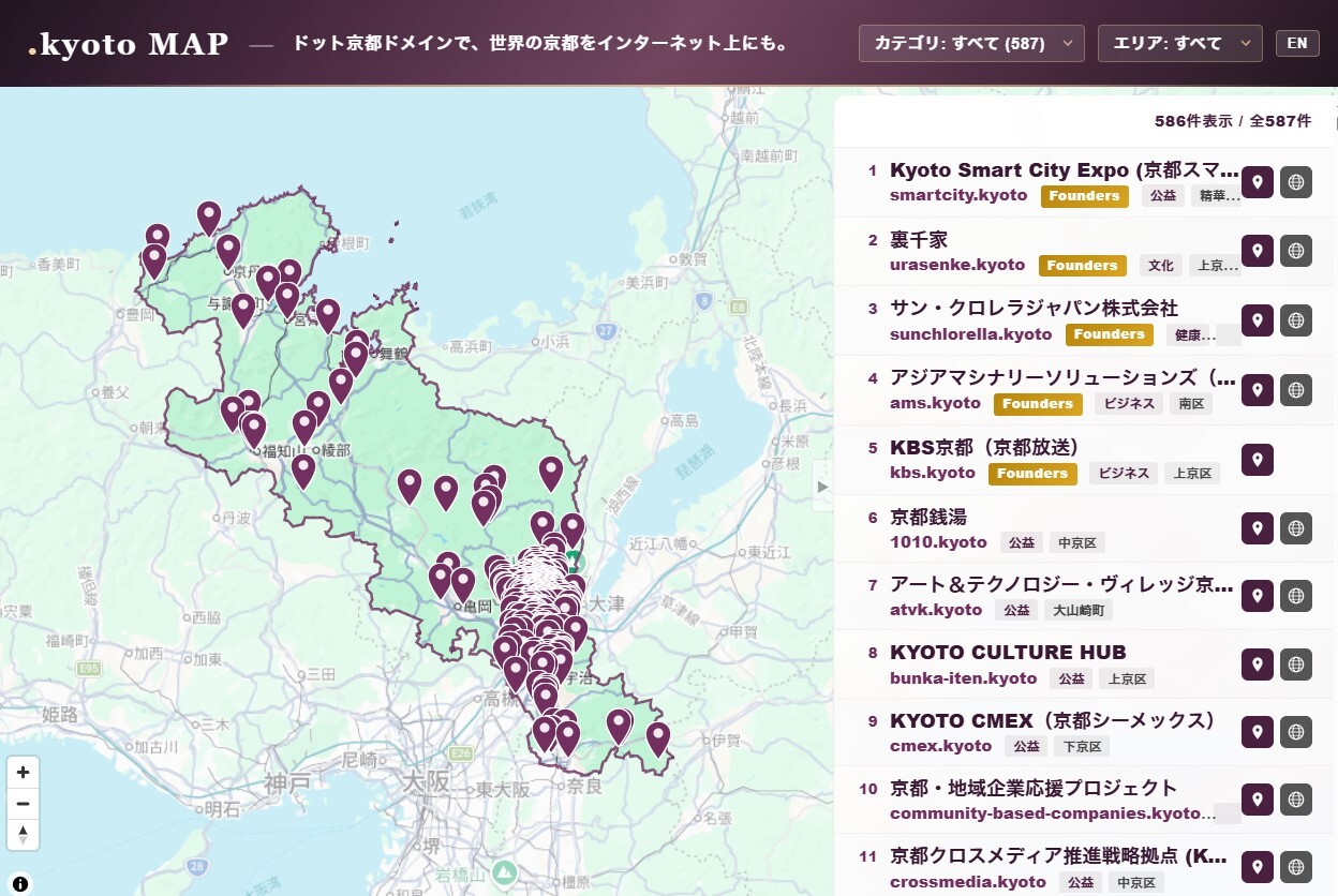 .kyoto MAP のプレビュー：京都の地図上に.kyotoドメインで運用されている公式ホームページがピン表示されている